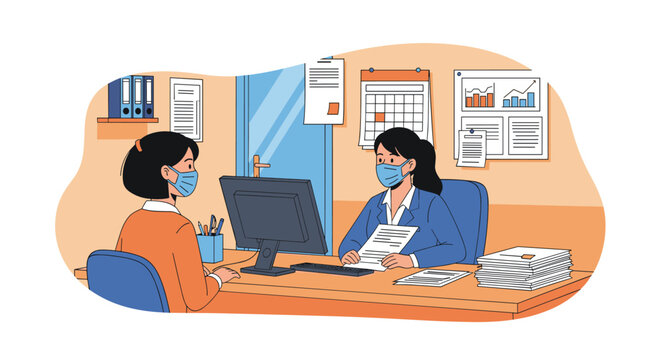 Two professional women wearing protective face masks sitting at a desk and having an important business meeting or interview in a modern office.