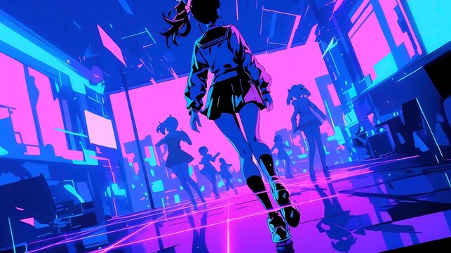 Vibrant City Pop Dance Scene, animated group moving on colorful LED floor panels, dynamic nightlife atmosphere, bold outlines, geometric pop art style, neon hues.