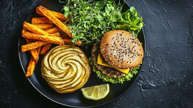 Gourmet burger with artisan aioli sauce spiral and golden sweet potato fries on dark plate with fresh microgreens premium restaurant presentation