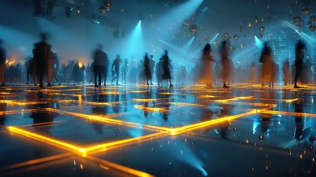 Vibrant LED Dance Floor Experience, glowing geometric patterns, dynamic movement, immersive nightlife atmosphere, abstract cinematic, tech art installation in a minimalist setting