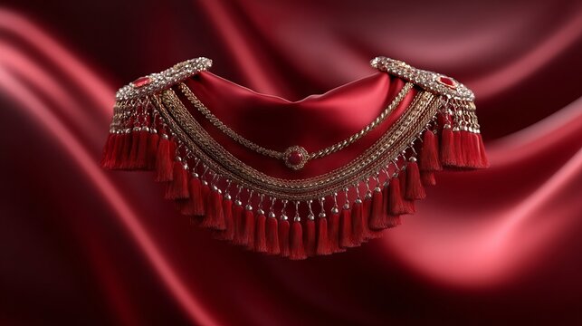 Decorative Royal Shoulder Epaulette with Gold Threads on Red Fabric Background