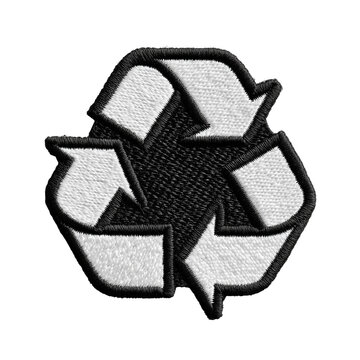 Black and White Paper Cutout of Recycling Symbol - Embroidered Patch Style Isolated on Transparent Background (PNG)