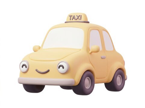 Charming 3D rendered yellow taxi cab illustration with a friendly cartoon face, ready for a fun ride, isolated on a clean white background, conveying cheerful urban transport