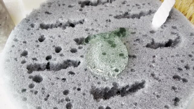Pouring gel onto a sponge for washing. Soap products. Background for bath products, shower gel and skincare cosmetics with a flawless cleansing effect.