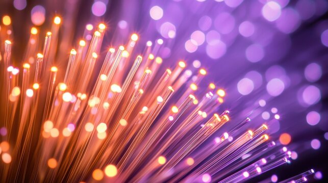 Fiber optic curves diagonal bundle cables spreading outward glowing orange purple light points bokeh macro photography
