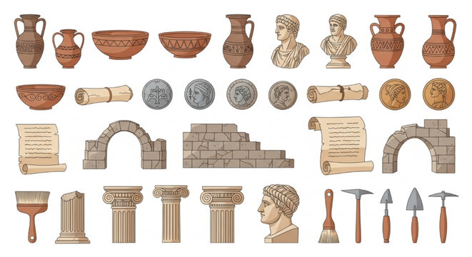Ancient Artifact Vector Set with Pottery Statues Coins Scrolls and Ruins &ndash; Historical Education Clipart Bundle
