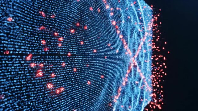 A 3D blue cube with a glowing white and red center, surrounded by red dots