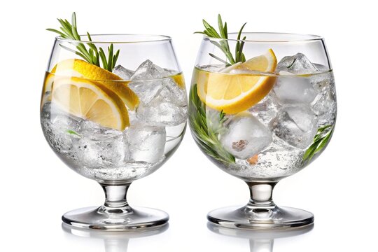 two refreshing gin and tonic cocktails with lemon and ice clinking on white background