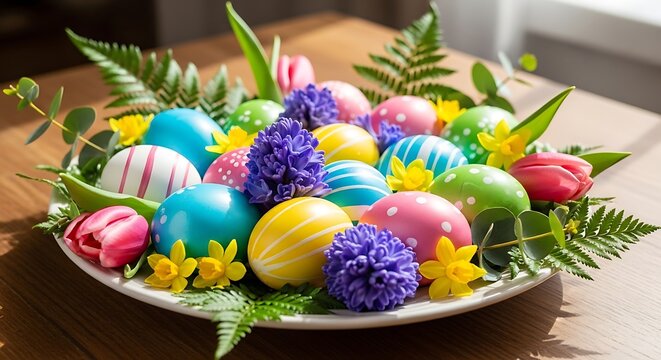Assortment of brightly colored decorated ovoid objects nestled among fresh spring blossoms and greenery on a platter