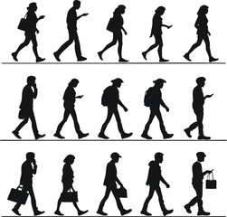 Fototapeta premium Diverse Pedestrians Walking and Using Mobile Devices Silhouettes