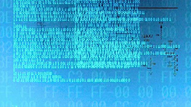 Retro blue technology background featuring scrolling alphanumeric characters and electronic schematic overlays for high-tech motion graphics.
