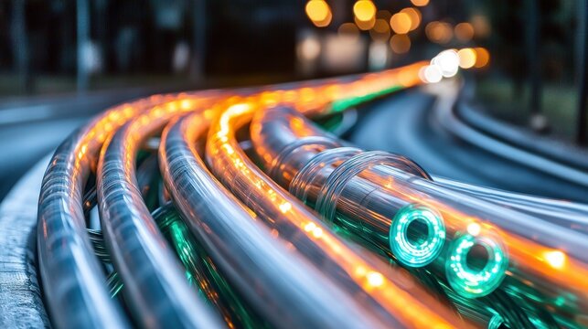 Glowing cable paths fiber optic light trails orange green illuminated network cables twisted bundles curved perspective macro photography