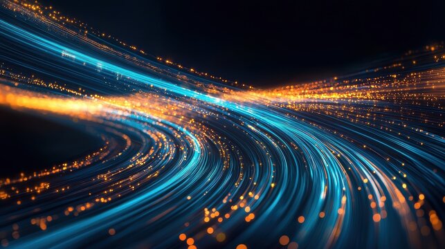 Curved cable glow fiber optic luminescent trails blue amber light patterns ethereal flowing movement organic abstract twisted darkness composition