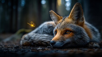 Fototapeta premium Young Fox Curled Up on Forest Floor Looking Toward Glow of Magical Light