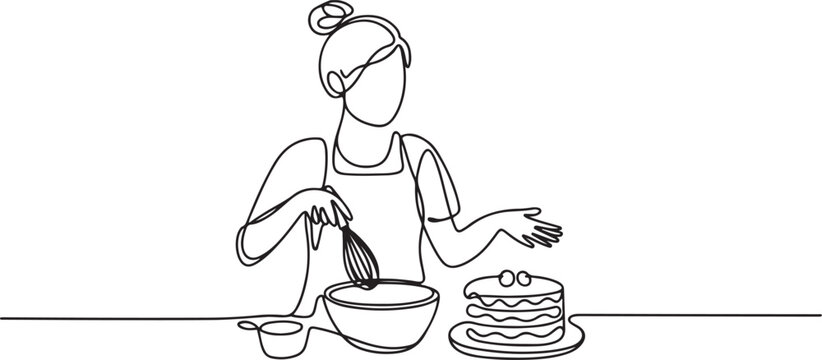 female food vlogger is giving a cake cooking tutorial. Food vlogger minimalist concept. one line art icon drawing vector