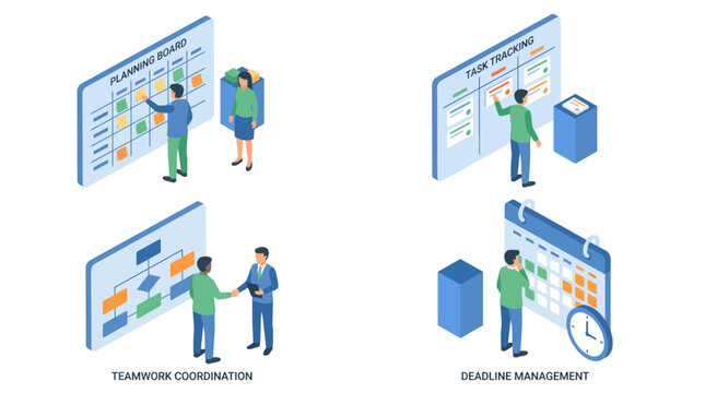 Isometric illustrations of business professionals managing projects and coordinating tasks.