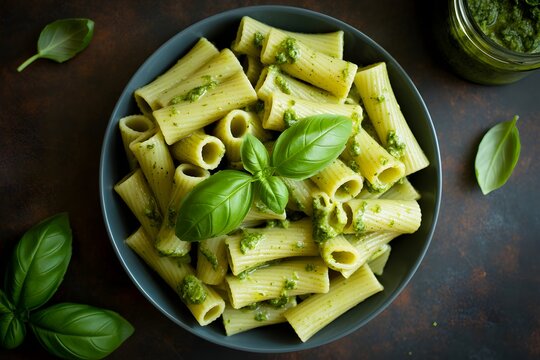 Plate of pasta with pesto and basil main course side dish rigatoni appetizer traditional