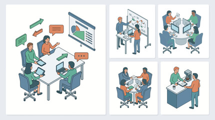 Fototapeta premium Isometric Business Meeting and Presentation Set with Diverse Teams Collaborating.