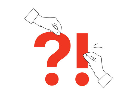 Hands holding a big red question and exclamation marks - outline design element. Vector illustration isolated on a white background