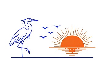 Fototapeta premium Blue heron line art with orange sunset over water