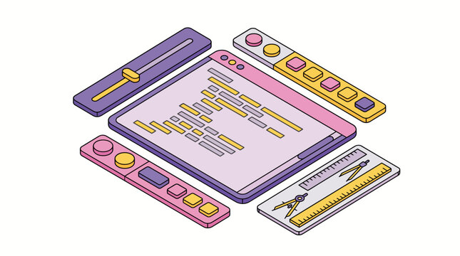 Isometric illustration of a coding window surrounded by various digital tools and interfaces.