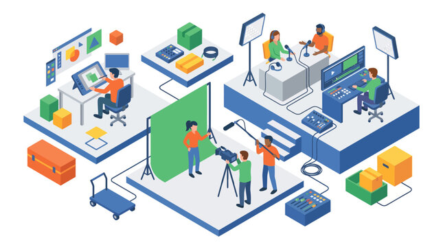 Isometric illustration of a comprehensive video production and broadcasting studio setup.