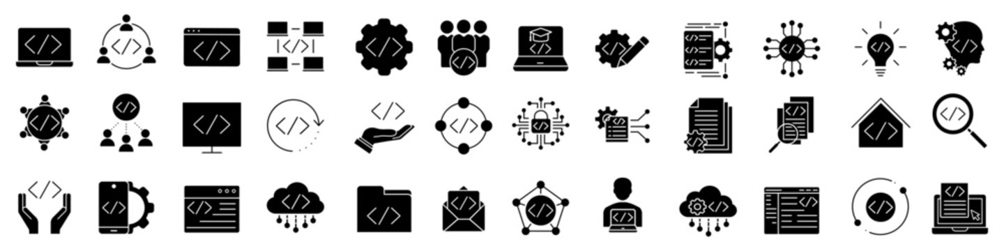 Development icon vector set. Programming Illustration sign collection. Software developer symbol. Program code logo.
