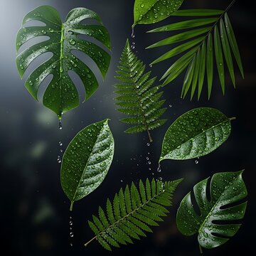 Assortment of vibrant green foliage adorned with sparkling water droplets floating against a dark backdrop