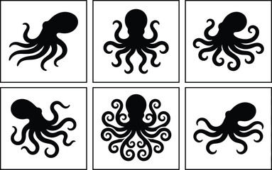 Obraz premium Octopus silhouette set with decorative tentacle variations in bold black vector marine design collection