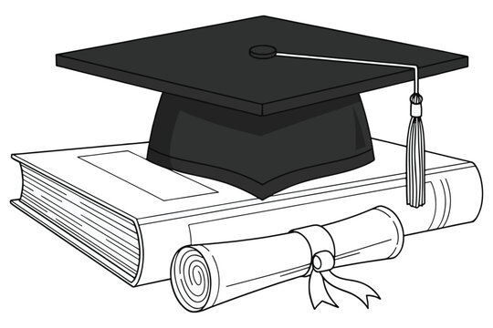 Graduation cap on textbook with diploma scroll, black and white academic line art, university commencement symbols for education design