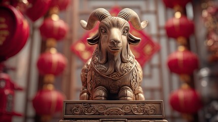 Fototapeta premium Exquisite Goat Statue Adorned with Traditional Engraved Patterns and Details