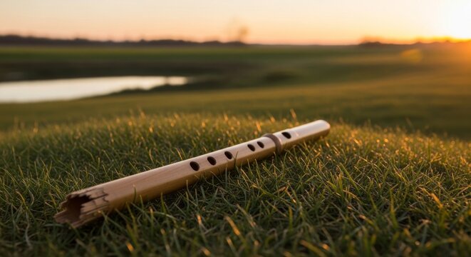 Wooden flute lying in grass at sunset