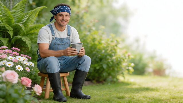 Man in garden wearing overalls and holding cup