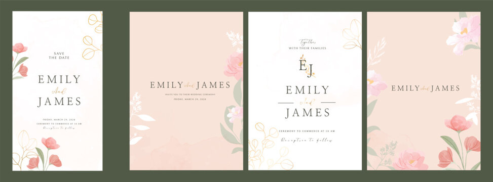 Pastel Luxury Wedding Invitation set,  invite thank you, rsvp modern card Design in line art leaf greenery branches  decorative Vector elegant rustic  plus social media template 