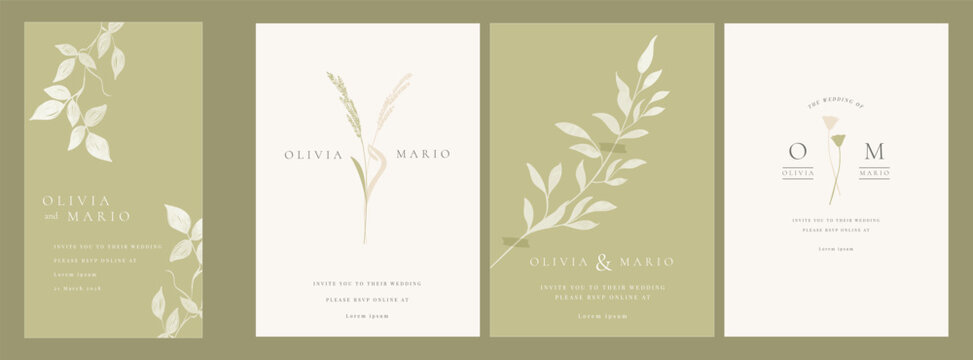 Green Luxury Wedding Invitation set,  invite thank you, rsvp modern card Design in line art leaf greenery branches  decorative Vector elegant rustic  plus social media template 