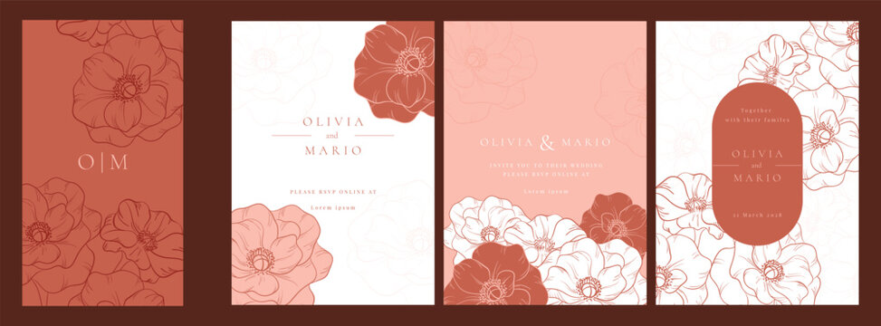 Pastel Luxury Wedding Invitation set,  invite thank you, rsvp modern card Design in line art leaf greenery branches  decorative Vector elegant rustic  plus social media template 