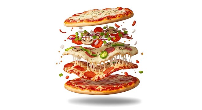 Exploded view of layered pizza with toppings