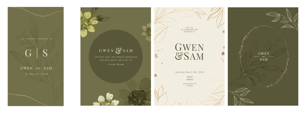 Green Luxury Wedding Invitation set,  invite thank you, rsvp modern card Design in line art leaf greenery branches  decorative Vector elegant rustic  plus social media template 