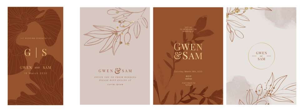 Luxury Wedding Invitation set,  invite thank you, rsvp modern card Design in line art leaf greenery branches  decorative Vector elegant rustic  plus social media template 