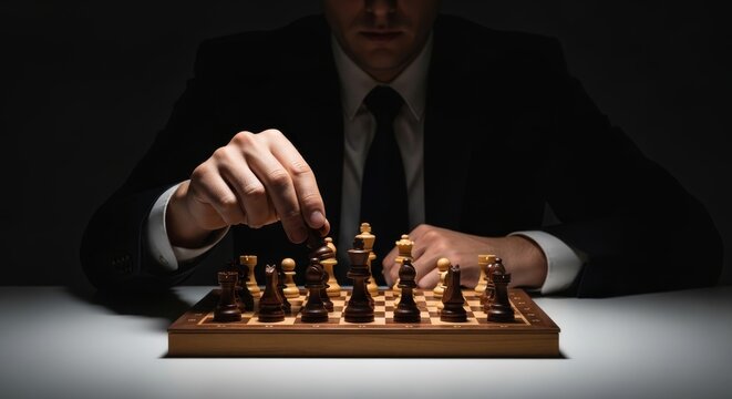 Businessman making careful move on chessboard