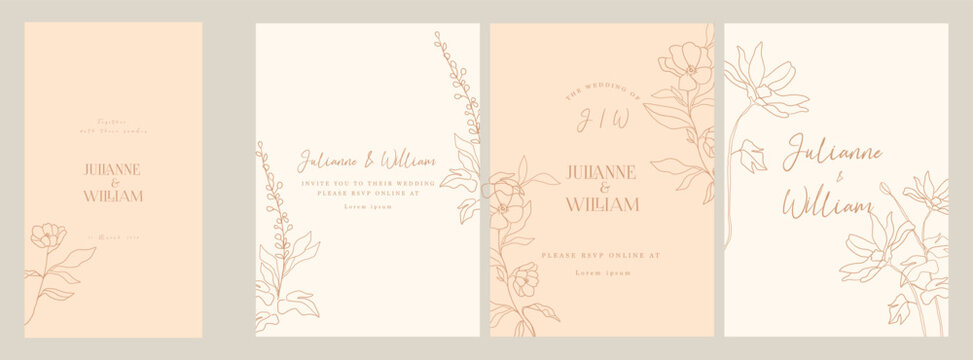 Pastel Luxury Wedding Invitation set,  invite thank you, rsvp modern card Design in line art leaf greenery branches  decorative Vector elegant rustic  plus social media template 