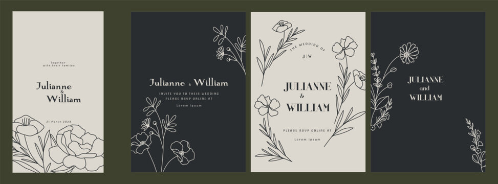Black and white Luxury Wedding Invitation set,  invite thank you, rsvp modern card Design in leaf greenery branches  decorative Vector elegant rustic plus social media template 