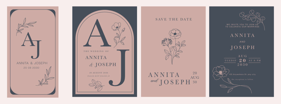 Luxury Wedding Invitation Pink and blue set,  invite thank you, rsvp modern card Design in  leaf greenery branches  decorative Vector elegant rustic  plus social media template 