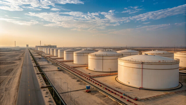 Oil storage terminal in kuwait with giant cylindrical tanks under blue sky