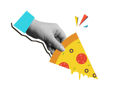 A hand holds a slice of pizza with melted cheese flowing. Modern collage style. Illustration on a transparent background