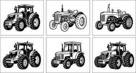 Agricultural tractor illustration set with vintage and modern farming machinery in detailed black and white style © MDSHAHIDUL