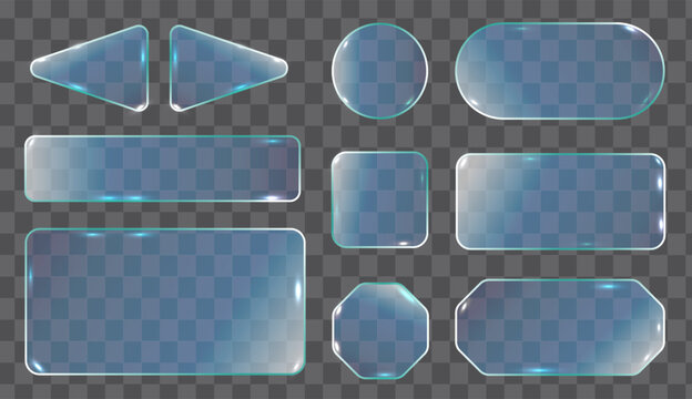 Set of transparent glass-like buttons and frames with glossy reflections. Perfect for UI design, web elements, or digital interfaces. Clean, modern, and versatile for any tech or creative project