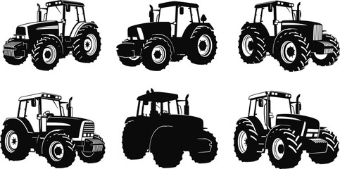 Farm tractor silhouette collection with various agricultural machinery designs in black and white vector style © MDSHAHIDUL