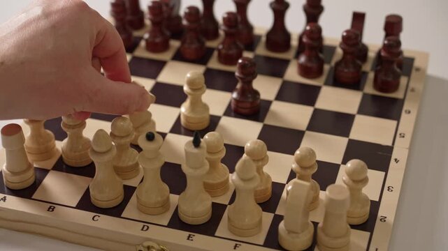 Close-up view of a player's hand moving a white knight across a classic wooden chessboard during an intense intellectual game, representing strategic thinking and competition
