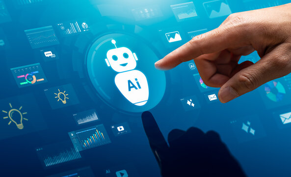 Hand pointing at AI robot interface with surrounding analytics dashboards, charts, and digital icons, representing artificial intelligence technology, data analysis, and smart system interaction